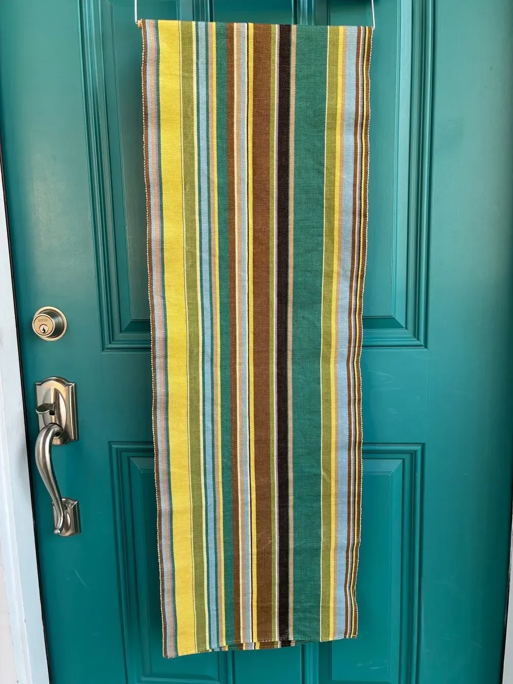 Crate & Barrel Table Runner Multi Stripe Teal Yellow Green Blue Cotton 14